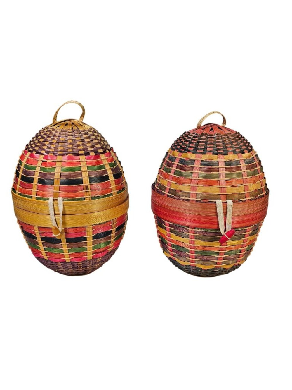Set Of 2 Egg-Shaped Woven Wicker Rattan Storage Easter Baskets Multicolor 7x11"